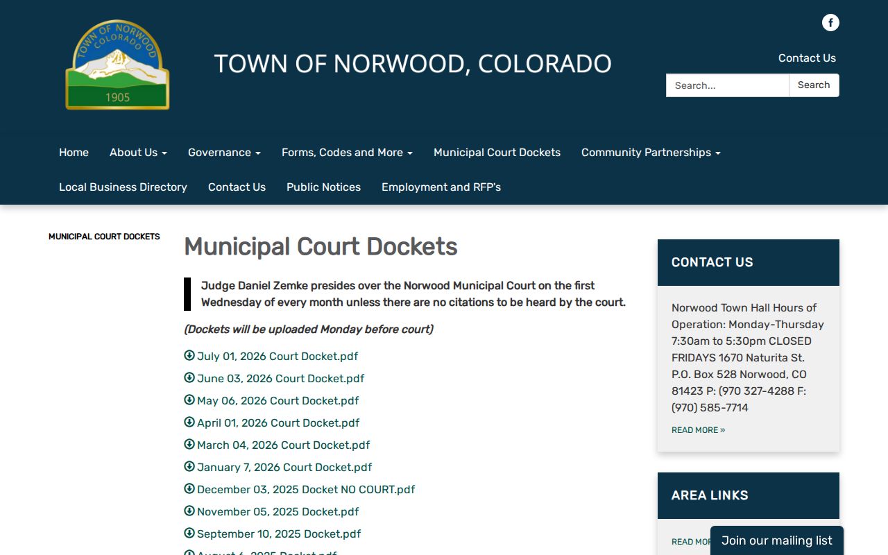 Norwood Municipal Court dated docket archive
