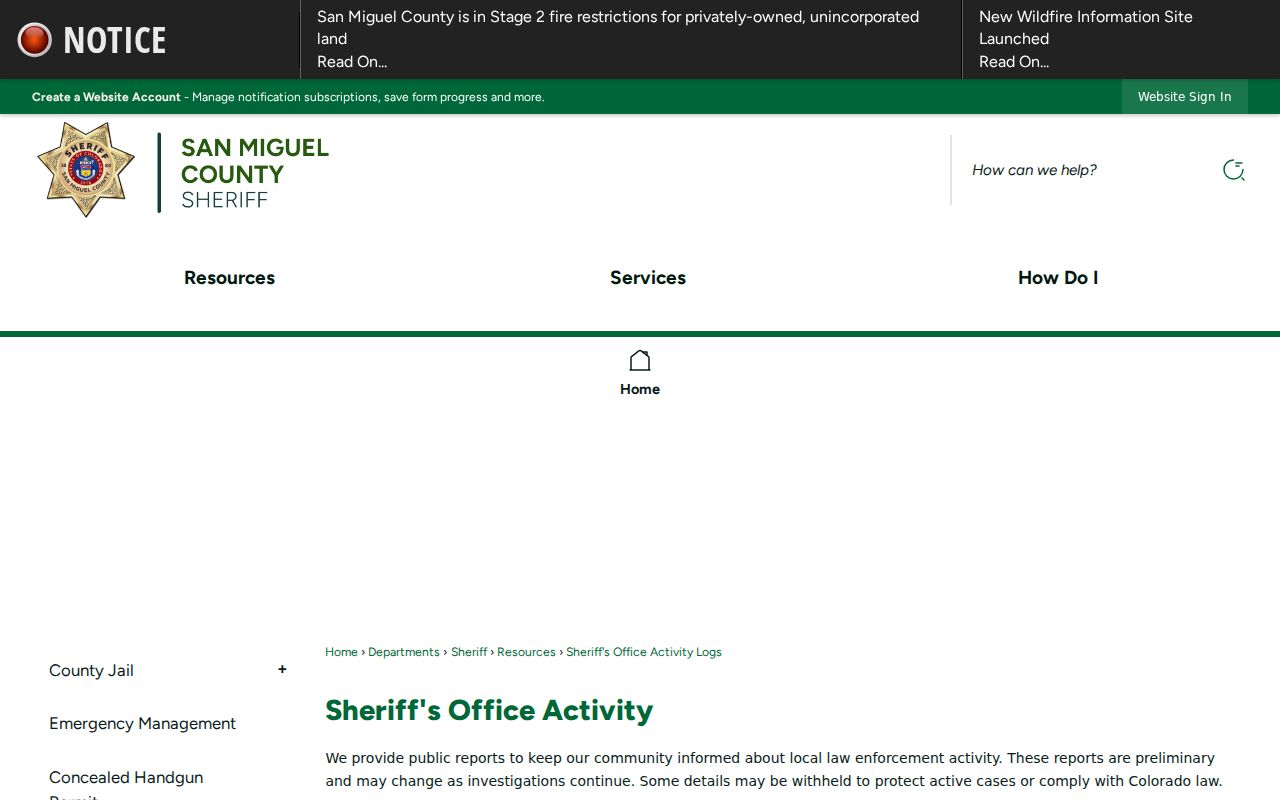 San Miguel County Sheriff Activity Logs with booking and inmate reports