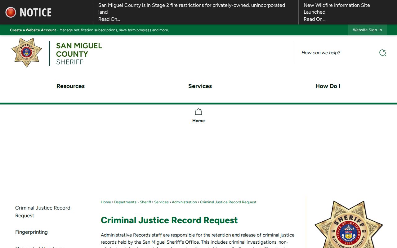 San Miguel County Sheriff criminal justice record request instructions